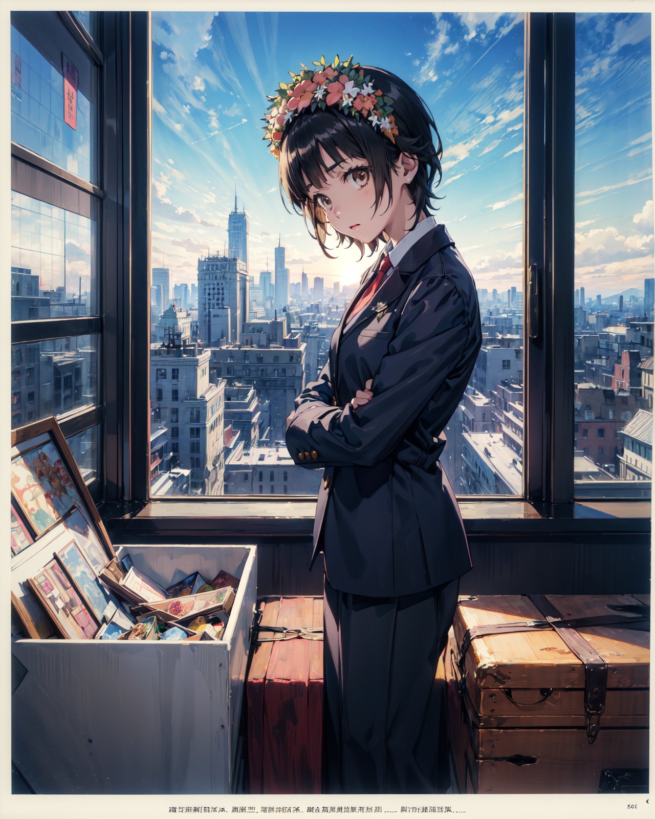 <lora:Uiharu-000007:0.8>,Uiharu CYQL,1girl,looking at viewer,solo,short hair,black hair,brown eyes,head wreath,flower,hair flower,(Structured_blazer:1.4),(Cigarette_pants:1.3),(Pointed-toe_pumps:1.2),(City_skyline_background:1.4),(tearing_up:1.2),beautiful face,beautiful eyes,glossy skin,shiny skin,(cowboy_shot,from_side,hugging own legs:1.2),head tilt,Bunk beds, Toy chest, Play area, Wall decals, Children's books,orchid,beautiful detailed sky,beautiful detailed glow,(English text:1.3),(border:1.5),posing in front of a colorful and dynamic background,(masterpiece, best quality, beautiful and aesthetic:1.3),contrapposto,female focus,fine fabric emphasis,wallpaper,fashion,Lipstick,depth of field,intricate_detail,finely_detailed,fine_fabric_emphasis,(glossy),<lora:增强减少细节add_detail:0.4>,