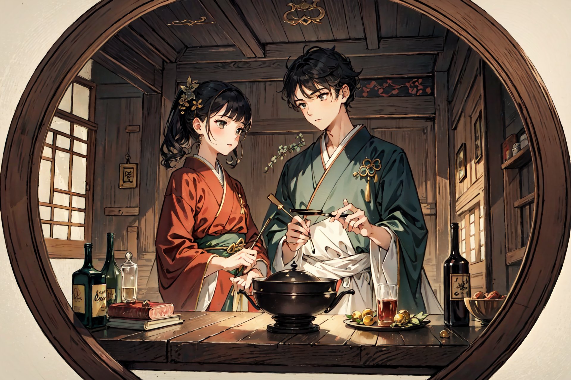 (best quality), oriental detailed background,girl with man , alchemist,