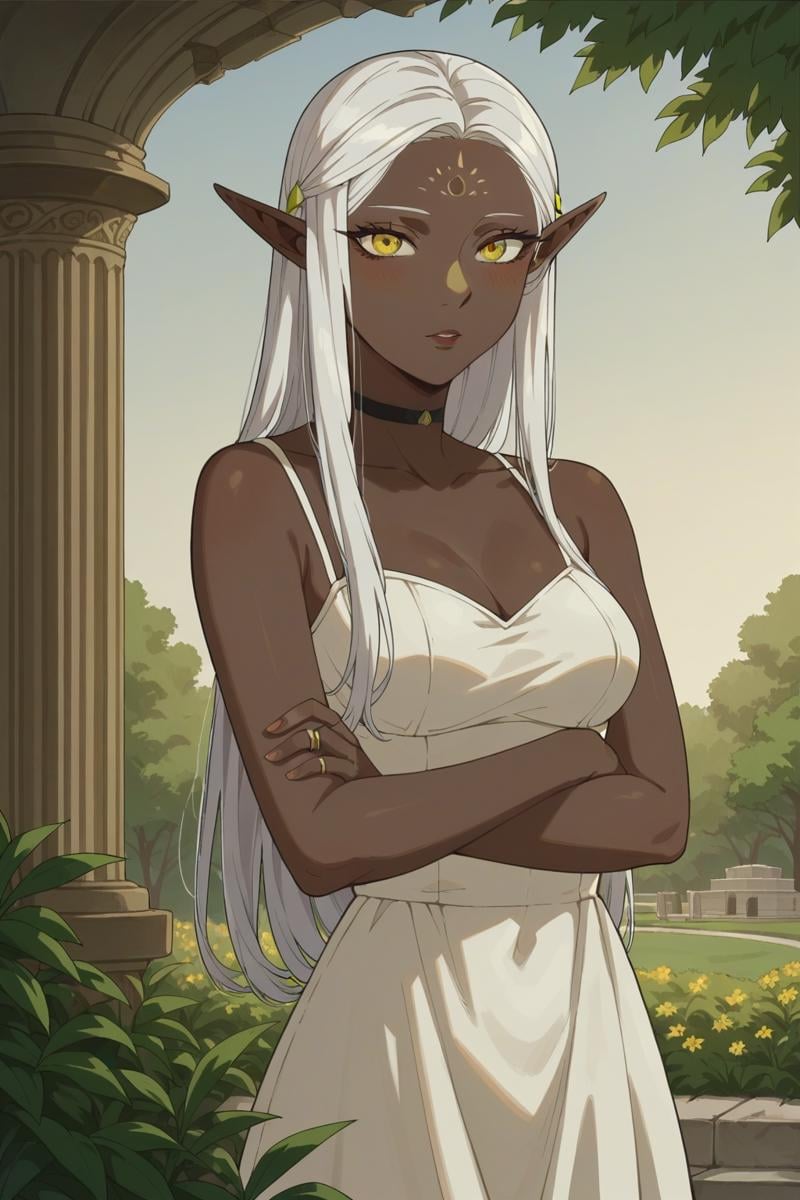 score_9, score_8_up, score_7_up, source_anime, 1girl, prefect lighting, very aesthetic, intricate details, highly detailed background, masterpiece, high quality,<lora:Cithis:.75>,pointy ears, elf, ring, forehead mark, dark skin, dark-skinned female, yellow eyes, white hair, Cithis, sundress, bare shoulders,Expressionless, blush, looking at viewer, parted lips, standing, arms crossed,outdoors, park, sunset, dusk, wind, tree, stone path, grass,(Beautiful, medium Breasts:1.2), natural breasts,