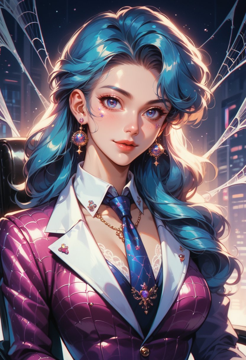 score_9, score_8_up, score_7_up, score_6_up, 1girl, gorgeous girl , kawai girl , cute face , neon lit cyber city background, Winter Environment, Objective Perspective, Retro Board Games Prop, Intricate textures, undone necktie, Glam glitzy, often featuring sequins, metallics, and luxurious fabrics, spider web tattoo, swivel chair