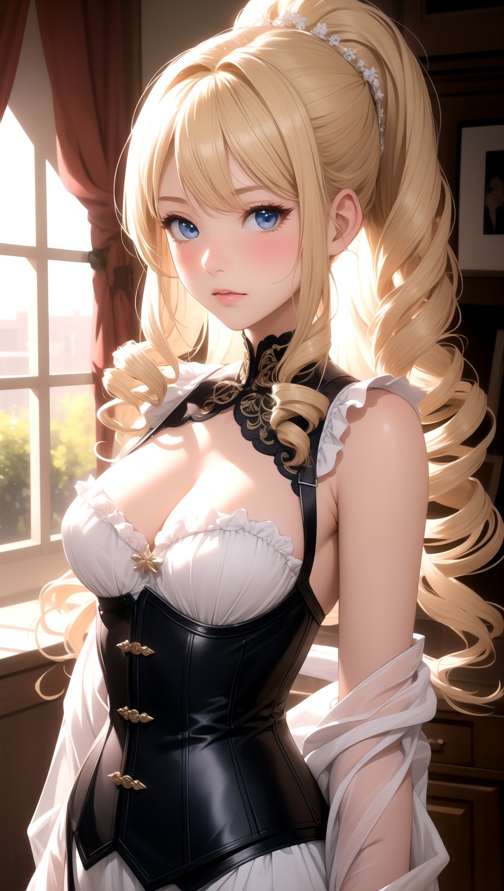 (masterpiece, best quality), 1girl, blonde hair, blue eyes, drill hair, Corsets with intricate designs, blush, looking at viewer,