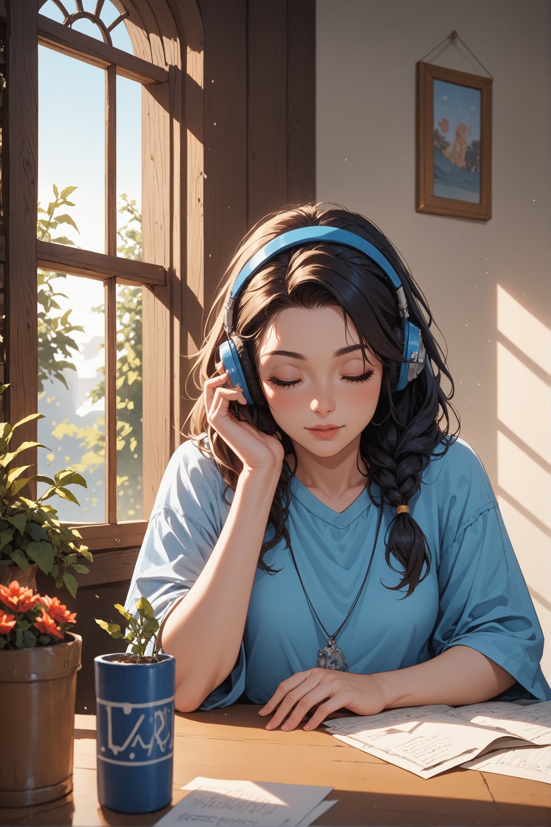 score_9, score_8_up, score_7_up,young woman wearing headphones next to a bright window seated at a cluttered desk eyes closed contemplative and serene