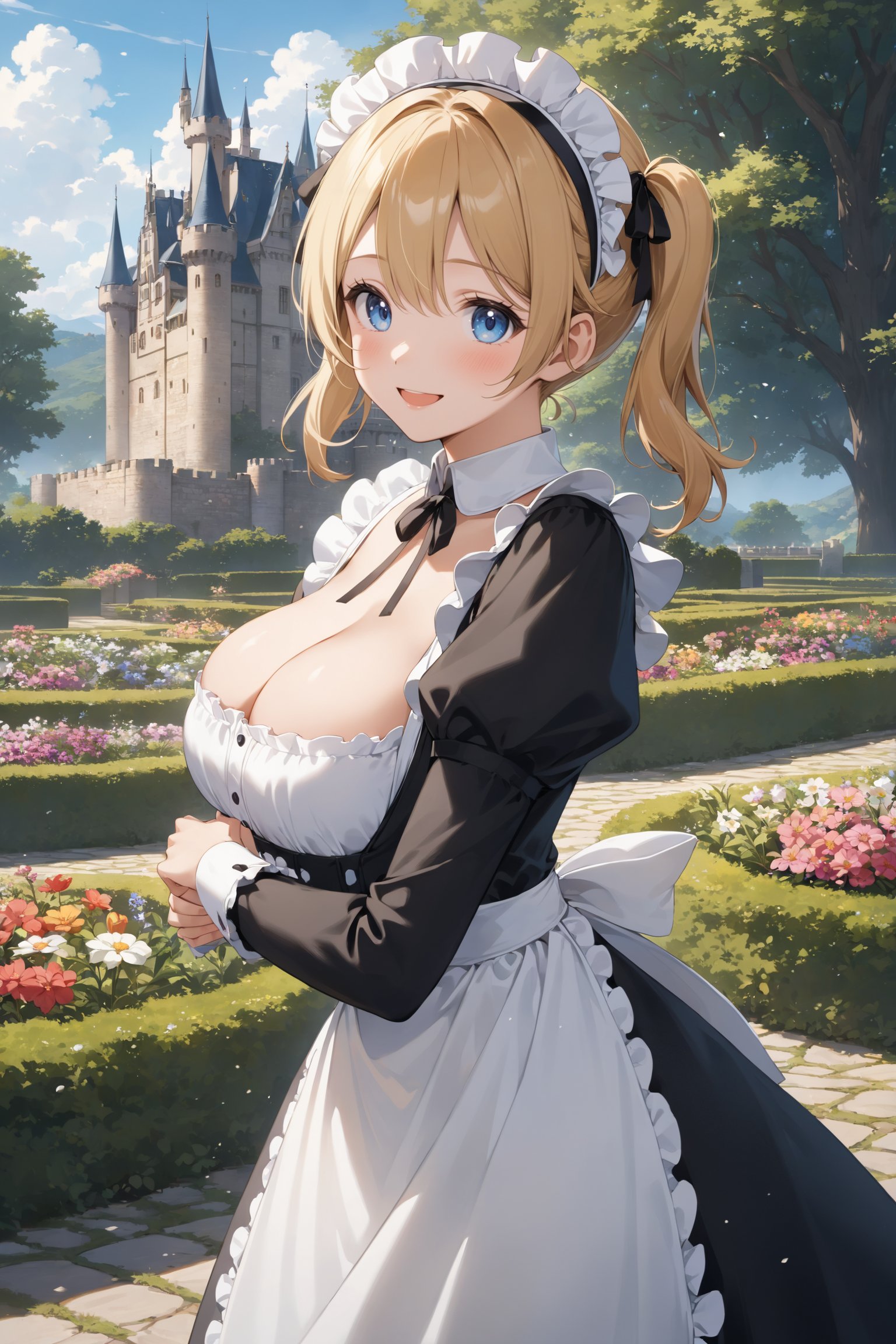 1girl, anime cute girl,from front view,medium shot,anime cute face, sexy body, (large perky breasts:1.1), chubby,blonde short twintails hair,ice blue eyes, tareme, kindly shy smile,;D, edwardian maid costume,maid headdress,no holding,flower blooming, castle garden scape, photoreal background, outdoor,masterpiece, best quality,photoreal background,delicate cel animation, <lora:add-detail-xl:1>