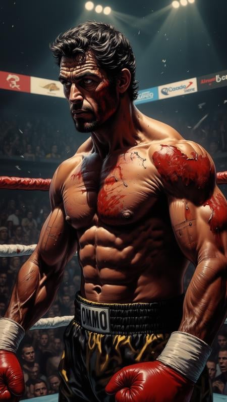 A bruised and bloodied boxer stands in the center of the ring, his fists clenched and his breath heavy. Sweat drips from his brow as he glares at his opponent across the ring. The crowd roars, but his focus is unbreakable, driven by raw determination.<lora:Adventure_Comic_Book:0.8>