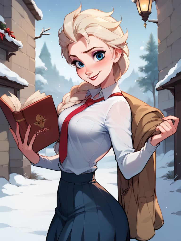 score_9, score_8_up, score_7_up, score_6_up, ElsaXPL, holding books, blush, winter, school uniform, red tie, single braid over shoulder, curvy, medium breasts, narrow waist, wide hips, thick thighs, looking at viewer, dynamic angle, cowboy shot, cartoon, dynamic pose, light smile, disney, blizzard, from side, from above, sexy pose,  <lora:ElsaXLP_Character-10:1>  <lora:BlushySDXL:0.75> blushyspicy, 