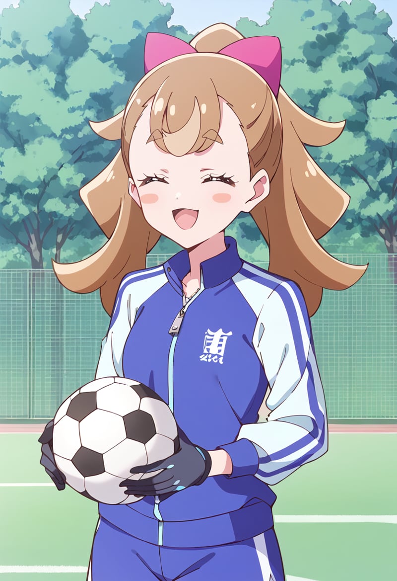 score_9, score_8_up, score_7_up, source_anime, BREAKinukai komugi, 1girl, solo, soccer ball, open mouth, closed eyes, smile, tongue, brown hair, :d, blush, eyelashes, black gloves, long sleeves, holding ball, outdoors, fence, long hair, hair bow, upper body, light brown hair, telstar, bib, soccer, day, hands up, ponytail, ^ ^, thick eyebrows, :3, eyebrows visible through hair, standing, chain-link fence, happy, facing viewer, soccer field, pink bow, shiny hair, tied hair, asymmetrical bangs, blue jacket, sport, tennis net, blonde hair, net, track jacket, tree, playing sports, blurry background, zipper, blush stickers, cropped jacket, shirt, zipper pull tab, medium hair, multicolored jacket, multicolored shirt, hair ribbon, short eyebrows, soccer uniform, bush, breasts, blue shorts, flipped hair, high ponytail, multicolored clothes, blue pants, track suit, short hair<lora:cure_wonderful_inukai_komugi_sdxl_locon_pony_v1:0.7>