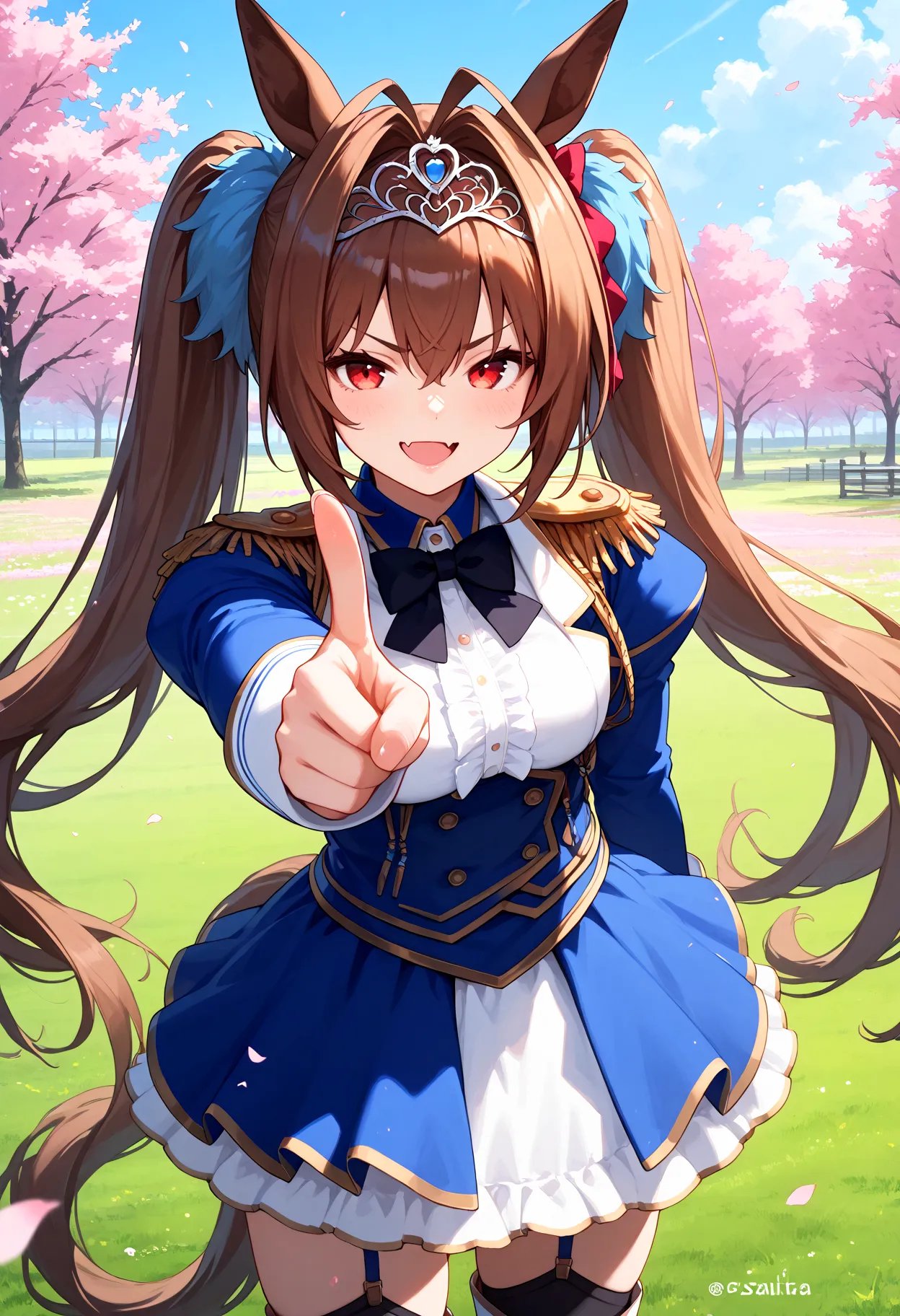 score_9, score_8_up, score_7_up, BREAK, best quality, masterpiece, very aesthetic, ultra detailed,very detailed background,BREAK,,zPDXL3,Dasuka,Dasuka_Race, 1girl, solo, horse tail,  horse ears, brown hair, twintails, very long hair, bow,  hair intakes, red eyes,epaulettes,   skirt, thighhighs, long sleeves,  tiara, blue clothes, <lyco:Dasuka-ponyXL_locon-000009:1>looking at viewer,smug,fang,pointing,happy,cherry blossom,field,hip on hand