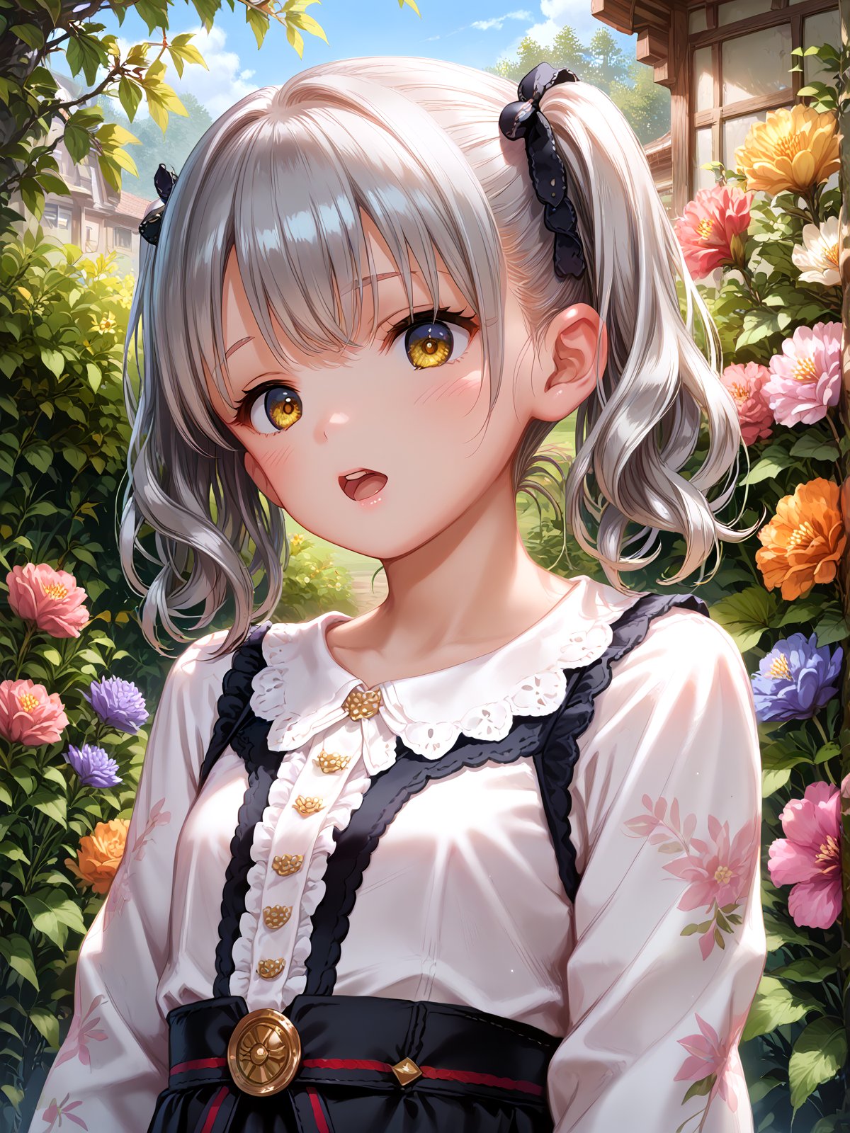 score_anime, score_9, score_8_up, score_7_up, masterpiece, beautiful scenery, floral background, <lora:HadoP:1> HadoP, 1girl, solo, (upper body:1.3), open mouth, twintails, standing, yellow eyes, grey hair, medium hair