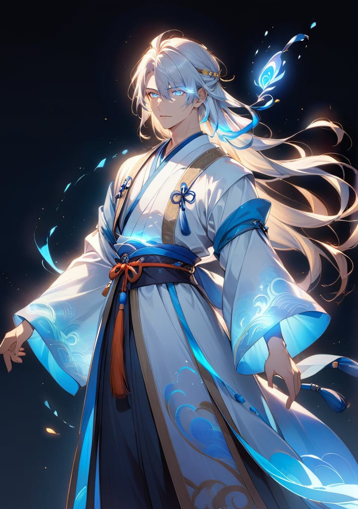 1boy, dynamic posture wearing Hanfu, long hair,Upper body, glowing text, transparent text, energy text, energy fluid, glowing, dawn, light particle effect, floating energy scroll, blue energy, best quality, masterpiece, 8k, transparent text, negative_hand