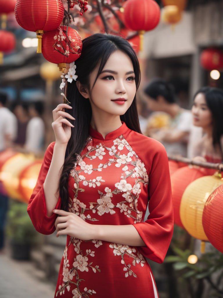 realistic photo of young beautiful woman wearing ao_dai_tet_xl 35mm photograph, film, bokeh, professional, 4k, highly detailed  <lora:add-detail-xl:1>  <lora:AoDaiTetXL-000001:1>