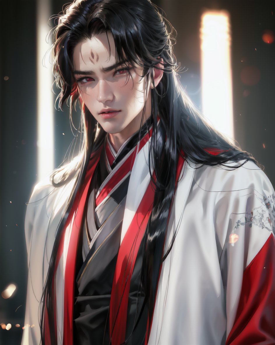 masterpiece, best quality, highly detailed background, perfect lighting, ((masterpiece)), depth of field, cinematic lighting, 1boy, male focus, black hair, long hair, forehead mark, facial mark, bishounen, looking at viewer, red eyes, hanfu, closed mouth, parted bangs, very long hair, <lora:more_details:0.1>, <lora:sakimichan-v1.5fix-lora-32dim-10ep-novae-newcraft:0.8>,  <lora:lora:0.8>, black clothes, open clothes, abs