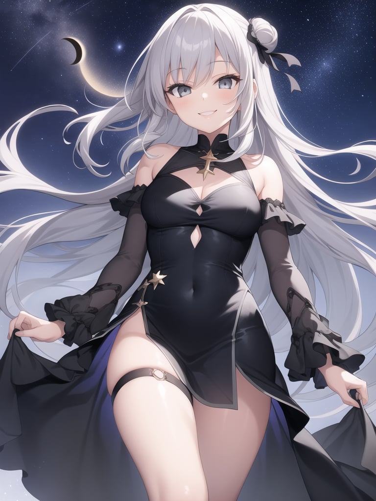 best quality,1girl,dark sky,eclipse,white black star dress,long grey hair,grey eyes,smile,stars 