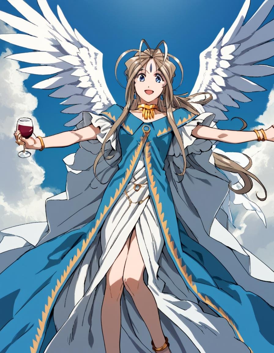 score_9, score_8_up, score_7_up, score_6_up, score_5_up, score_4_up, source_anime,  Belldandy, looking at viewer, smile, open mouth, dress, jewelry, earrings, wings, sky, choker, day, cloud, bracelet, cup, ring, outstretched arms, alcohol, drinking glass, angel wings, anklet, spread arms, wine glass, wine