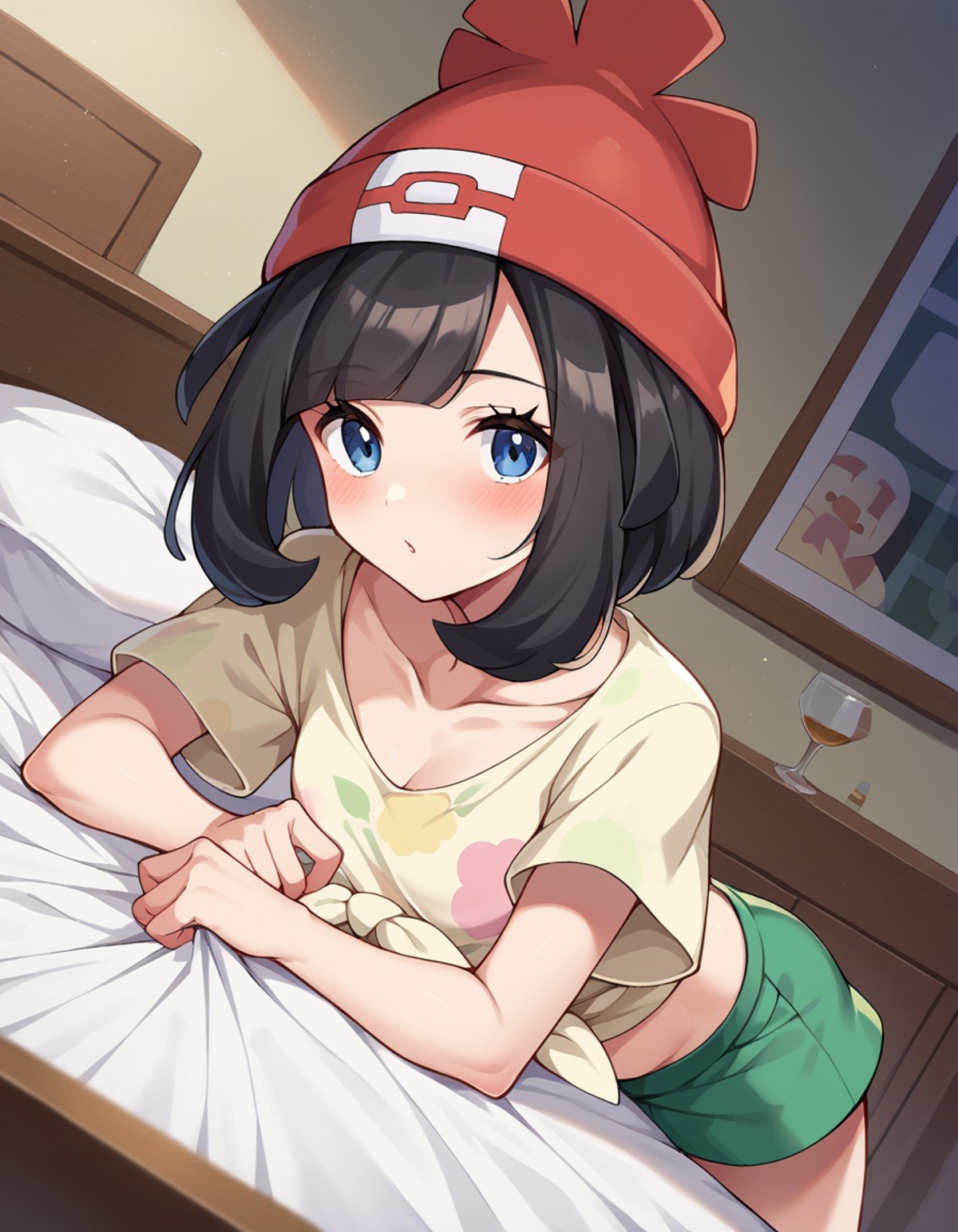 score_9, score_8_up, score_7_up, source_anime,pokemonselene, <lora:pokemon-selene-ponyxl-lora-nochekaiser:1>pokemonselene, black hair, blue eyes, short hair, bangs, blunt bangs,beanie, collarbone, green shorts, hat, red headwear, shirt, short sleeves, shorts, tied shirt, yellow shirt,indoors, bed, bed room, on side, blush, drunk,looking at viewer, cowboy shot, dutch angle,