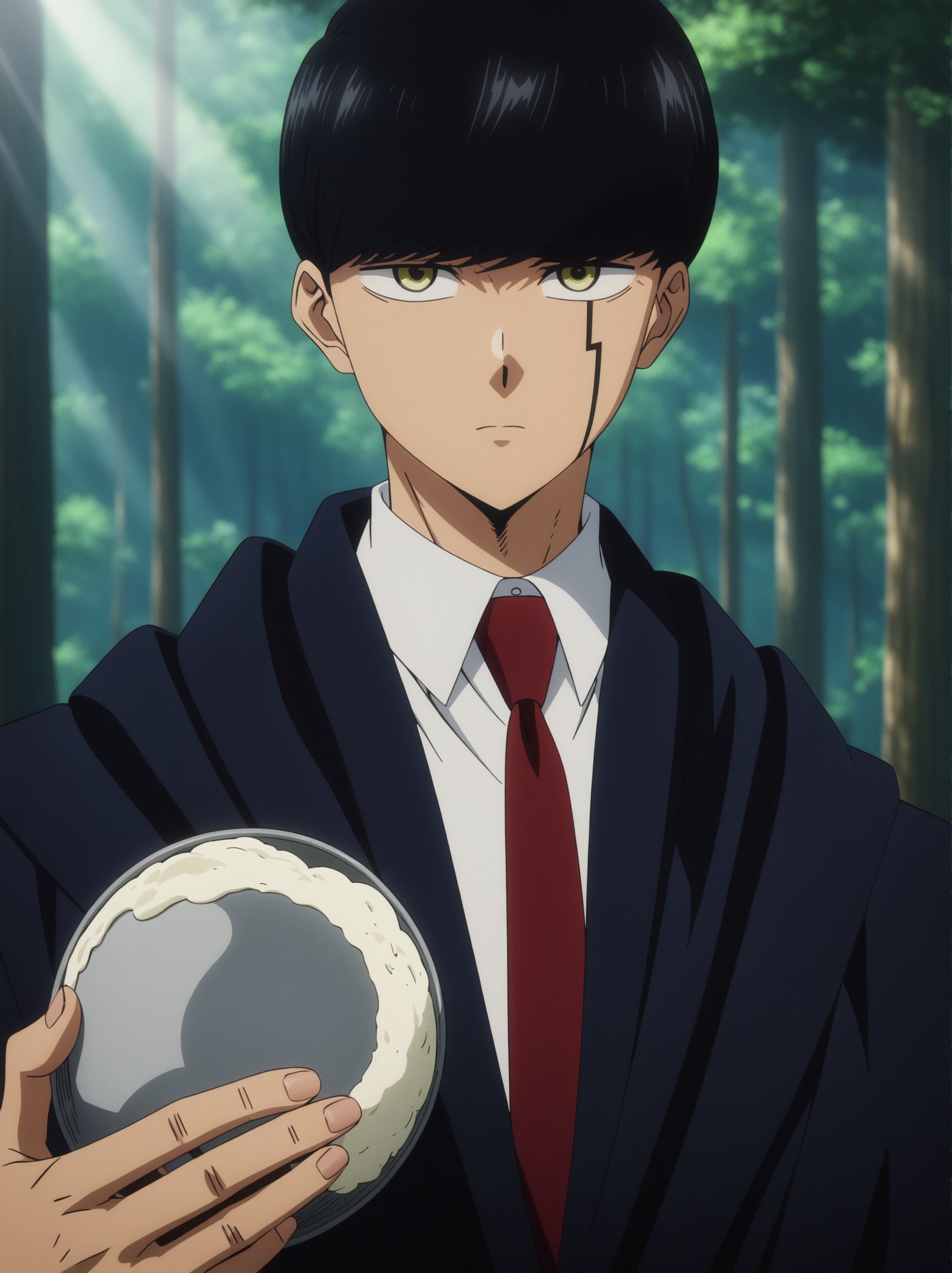 masterpiece, best quality, very aesthetic, ultra detailed, intricate details, 4k, anime style,mashleai, 1boy, solo, male focus, bangs, black hair, yellow eyes, bowl cut, hair between eyes,shirt, long sleeves, white shirt, necktie, collared shirt, belt, pants, formal, suit, red necktie, cloak, black cloak, wide sleeves, mashle, mash burnedead, upper body, looking at viewer, forest, outdoors, tree, sunlight, cloudy, <lora:Mashle_XL:1>