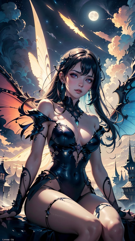 ((best quality)), ((masterpiece)), (detailed), alluring succubus, ethereal beauty, perched on a cloud, (fantasy illustration:1.3), enchanting gaze, captivating pose, delicate wings, otherworldly charm, mystical sky, (Luis Royo:1.2), (Yoshitaka Amano:1.1), moonlit night, soft colors, (detailed cloudscape:1.3), (high-resolution:1.2)