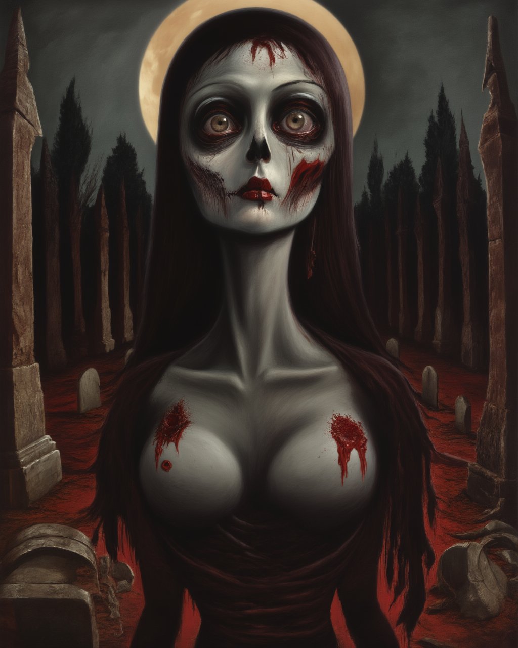 old oil painting of a gothic woman, rotting, large breasts, bloody eyes, bleeding moon, evil facial expression, abandoned graveyard in background, surreal, lowbrow art style ,<lora:LowBrowF1D:1>