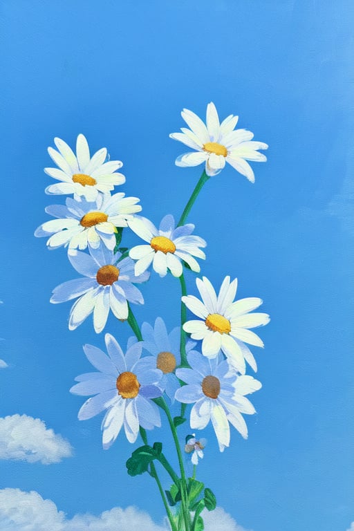 (best quality),(masterpiece),(ultra-detailed),illustration,8k wallpaper,best illustration,acrylic painting,no humans,flower,sky,still life,scenery,white flower,cloud,blue sky,daisy,day,outdoors,leaf,plant,blue background,cloudy sky,<lora:acrylic_painting-000010:1>,