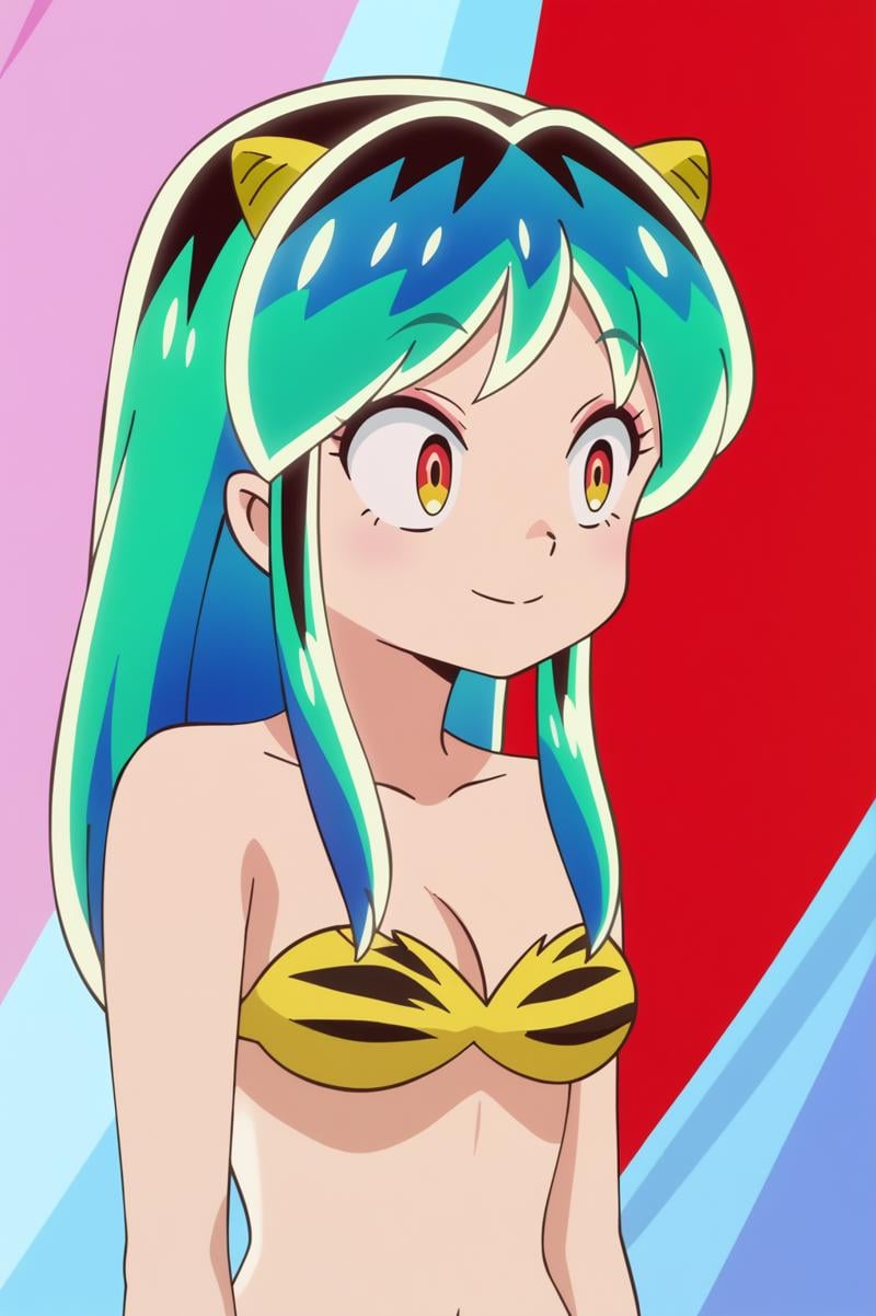 anime screencap, consistent background,   Lum, upper body, light smile, tiger print bikini <lora:Private_Urusei_Yatsura_2022_-_Lum_-_PDXL:0.8>