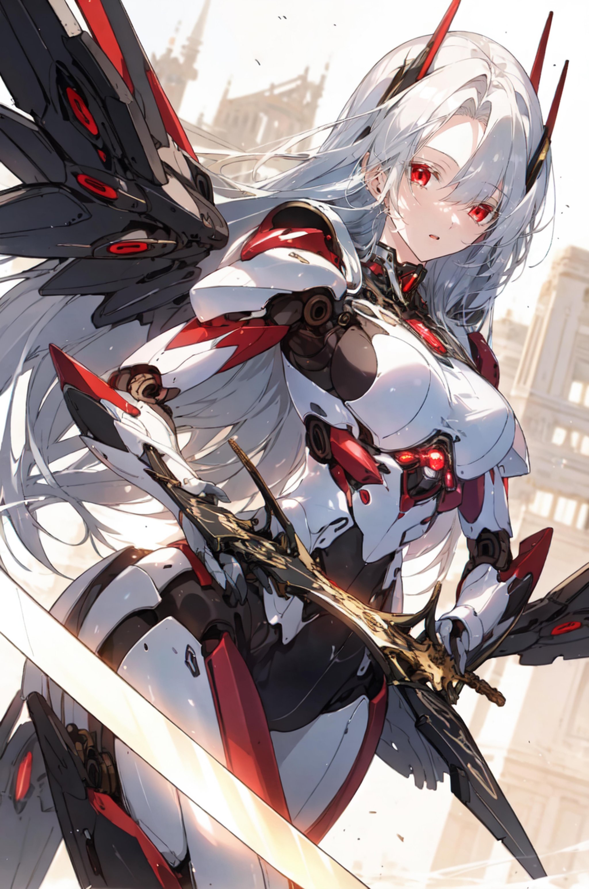 masterpiece, (best quality), 1girl , white hair, Raviel, red eyes, <lora:RavielIvansia:0.7>, <lora:wrenchsmechs:0.6>, glowing, silver mecha, mechanical wings, long hair, sword