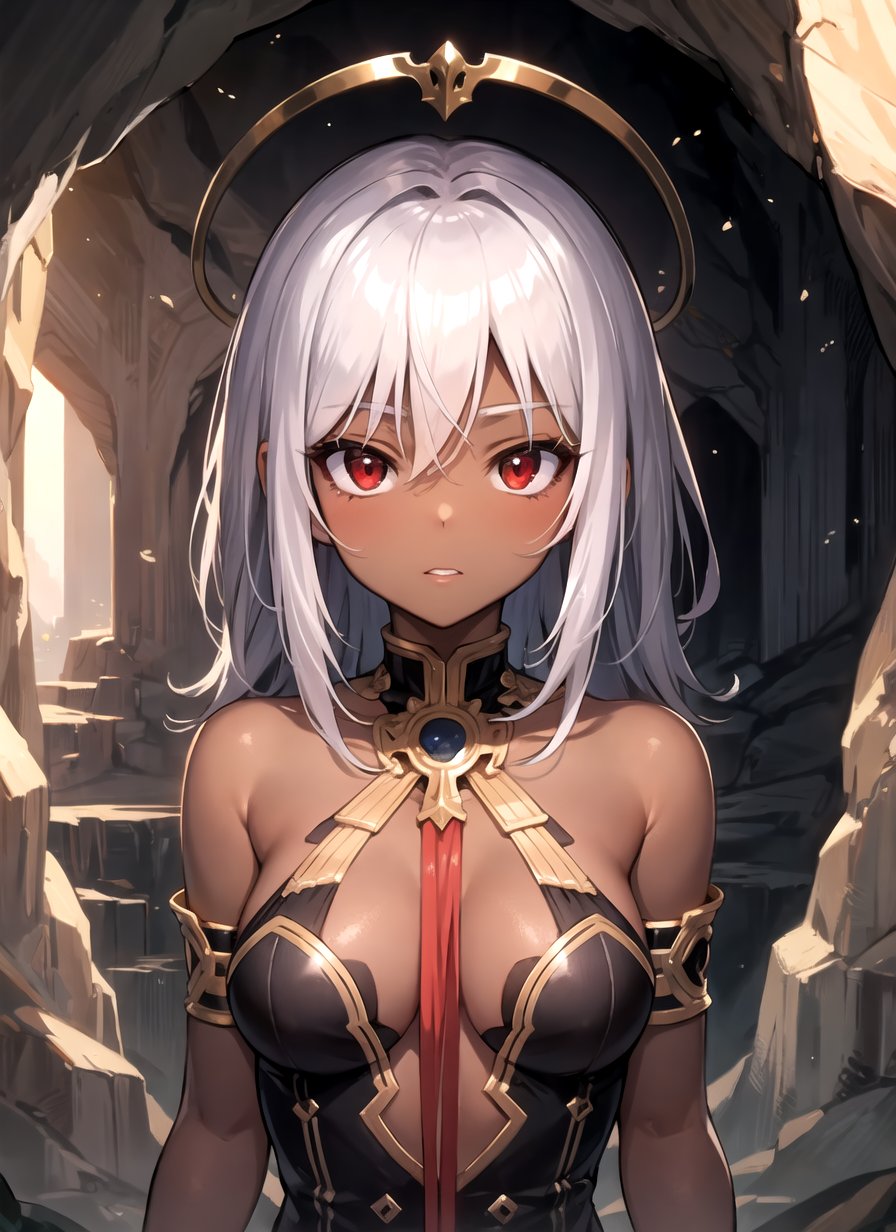 masterpiece, best quality, 1girl, dark skin, silver hair, upper body, looking at viewer, cave, red eyes,