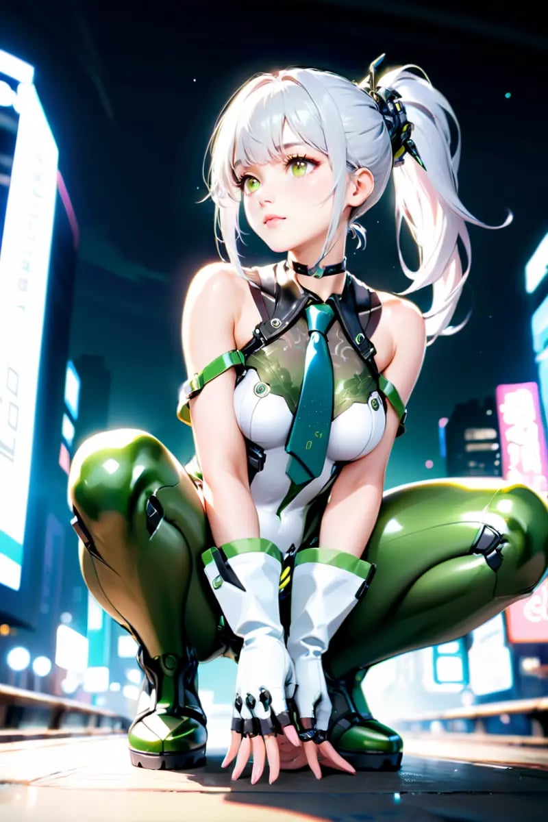 1girl,solo,full body,ruanyi0530,ruanyi0530,android,bare shoulders,belt,black choker,bodysuit,fingerless gloves,mechanical parts,zipper,green necktie,,sleeveless,white gloves,outdoors,cityscape,18 years old Korean girl,green necktie,ponytail,very long hair,cyborg,see-through,green bodysuit,squatting cowgirl position,spread legs,<lora:0530 Stellar Blade Battle Suit_3_xl_v1:1>, best quality,masterpiece,highres,official art,extremely detailed cg unity 8k wallpaper