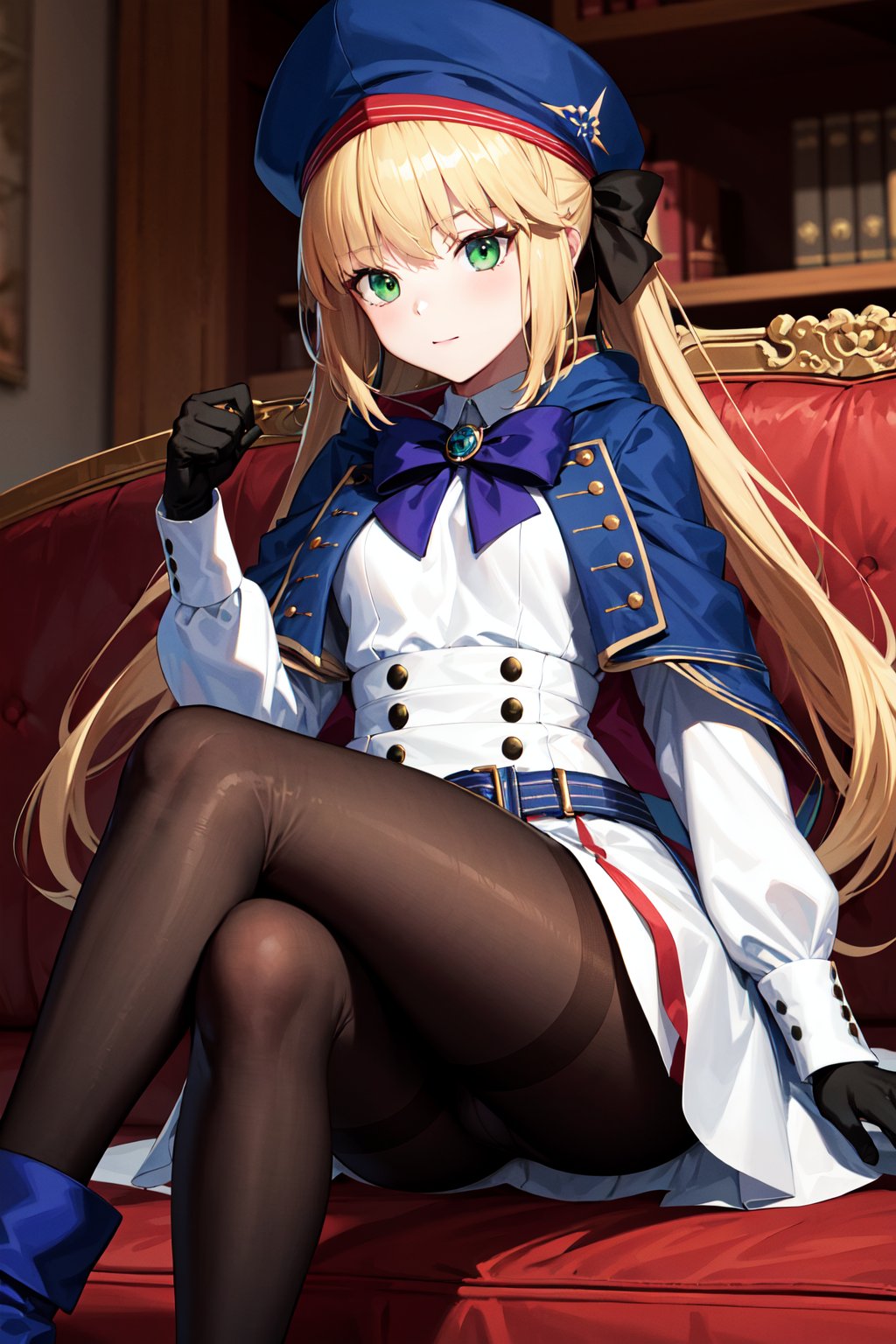 masterpiece, best quality, highres, bbcaster, long hair, twintails, beret, blue headwear, green eyes, blue cape, bowtie, white dress, long sleeves, black gloves, buttons, double-breasted, blue belt, black pantyhose, <lora:artoria_caster_(caster)_v1:0.7>, sitting, crossed legs, boots, indoors, sofa