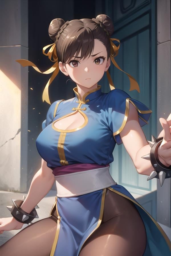 chunli, <lora:chun li v2-lora-nochekaiser:1>,chun li, (brown eyes:1.7), brown hair, (bun cover:1.5), double bun, eyeliner, hair bun, lipstick, makeup, pink lips,BREAK blue dress, boots, bracelet, brown pantyhose, china dress, chinese clothes, cross-laced footwear, dress, gold trim, jewelry, pantyhose, pelvic curtain, puffy sleeves, sash, short sleeves, side slit, spiked bracelet, spikes, white footwear,BREAK outdoors,BREAK looking at viewer, full body,BREAK <lyco:GoodHands-beta2:1>, (masterpiece:1.2), best quality, high resolution, unity 8k wallpaper, (illustration:0.8), (beautiful detailed eyes:1.6), extremely detailed face, perfect lighting, extremely detailed CG, (perfect hands, perfect anatomy),