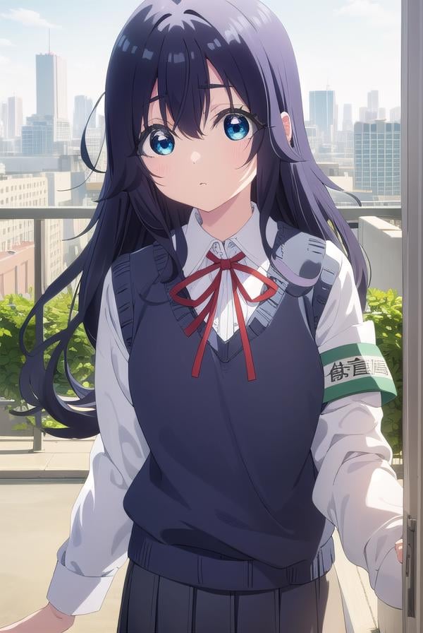 shizukayoshimoto, <lora:shizuka yoshimoto s1-lora-nochekaiser:1>,shizuka yoshimoto, long hair, bangs, blue eyes, black hair, hair between eyes, wavy hair,BREAK skirt, shirt, ribbon, school uniform, white shirt, pleated skirt, red ribbon, neck ribbon, armband, sweater vest,BREAK indoors, classroom,BREAK looking at viewer, (cowboy shot:1.5),BREAK <lyco:GoodHands-beta2:1>, (masterpiece:1.2), best quality, high resolution, unity 8k wallpaper, (illustration:0.8), (beautiful detailed eyes:1.6), extremely detailed face, perfect lighting, extremely detailed CG, (perfect hands, perfect anatomy),