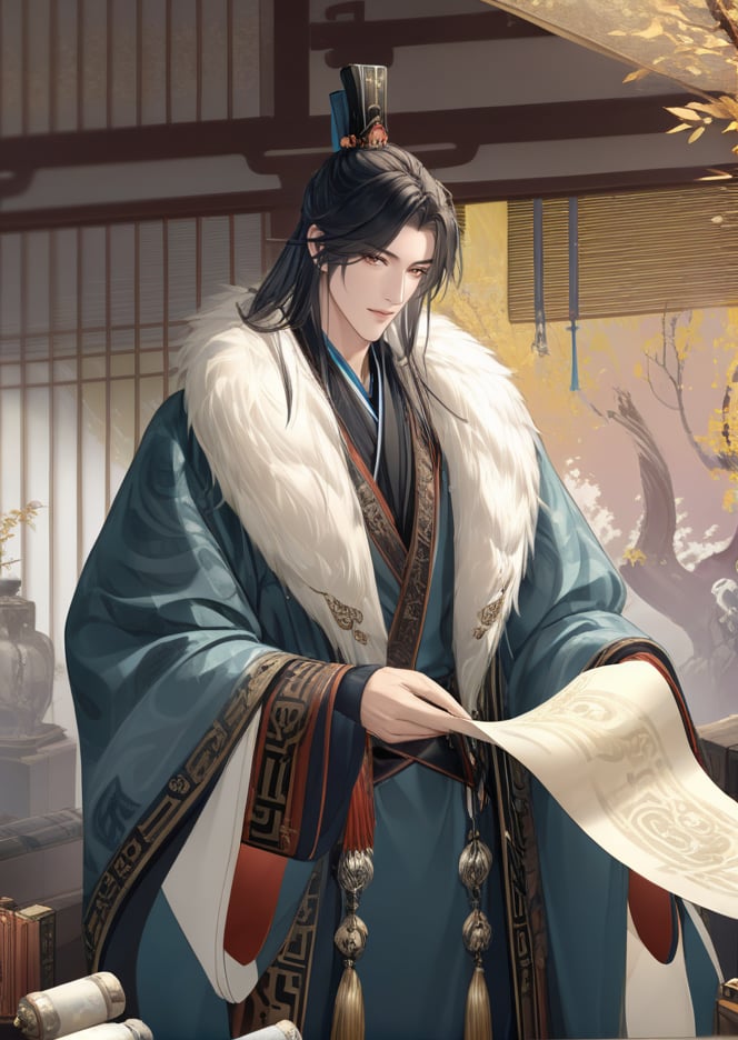 (best quality), ((masterpiece)), (highres), illustration, original, extremely detailed,  <lora:古风·鸢行风上:0.7>yuan,1boy, male focus, solo, black hair, chinese clothes, standing, fur trim, long hair, scroll, wide sleeves, hanfu, brown eyes