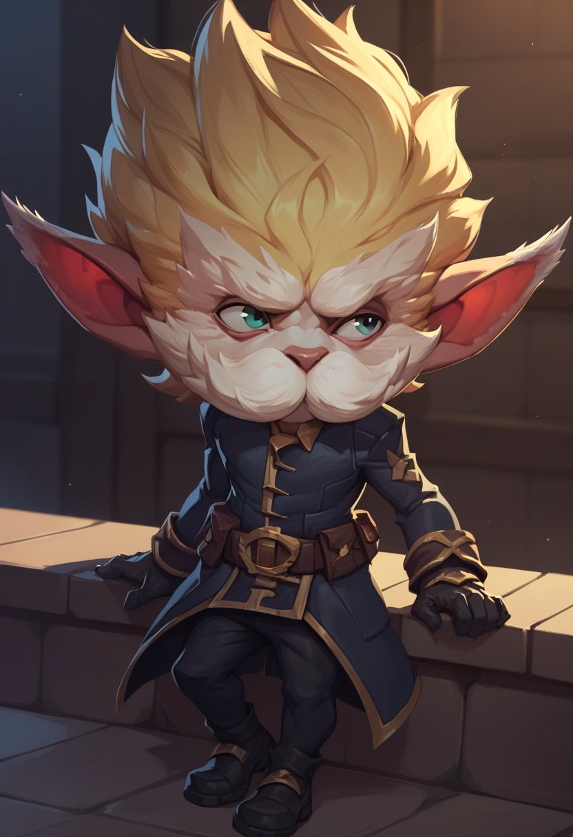 score_9, score_8_up, score_7_up, score_6_up, h3im3rding3r, 1boy, male focus, yordle, blonde hair, pointy ears, mustache, belt, pants, black gloves, gloves, black footwear, <lora:Heimerdinger_Default_v1:0.7>, solo, looking away, head tilt, smile