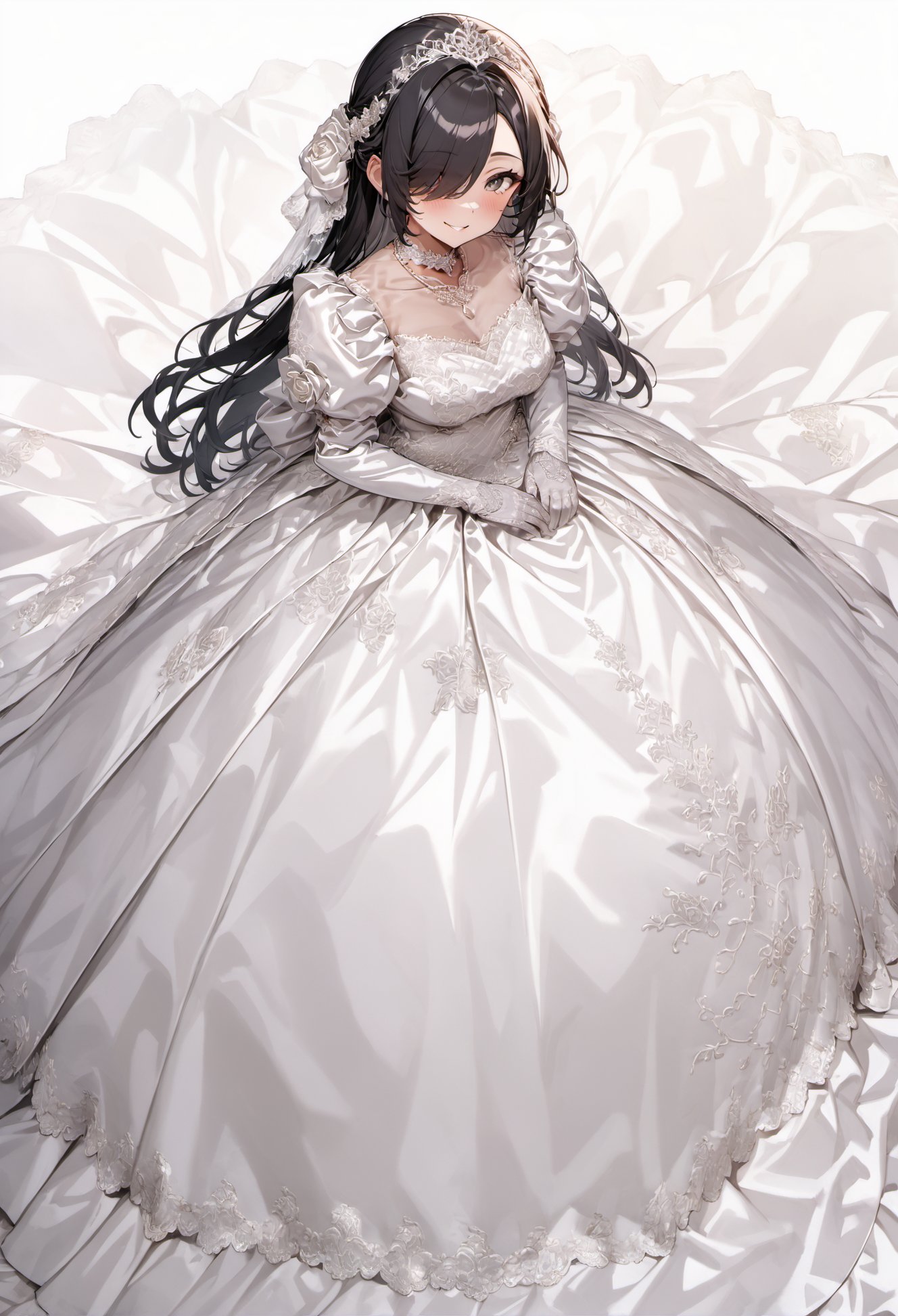 ultra-detailed, masterpiece, best quality, wallpaper, 8k, pixiv,standing, (solo, 1milf, over 30 ages), princess, bride,smile,black hair, shiny hair, hair over one eye,tsurime,over skirt, tiala, bridal vail, (white metalic satin),(white background:1.3), <lora:Wedding_Dress_v2:1> wedding dress, , lace trim, choker, necklace, long dress, lace gloves, juliet sleeves, puffy sleeves, long sleeves,