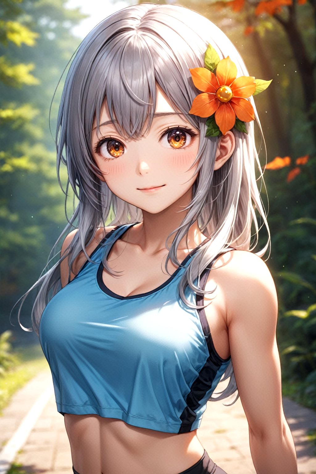 4k wallpaper,highres,kawaii,cute,1 girl, solo,silver hair, long hair, bangs, flower_hair_ornament,orange eyes,arms behind back,close view,from front,[smile,close mouth],((Training tank top and running tights):1.1),large breasts,leaning forward,BREAKsimple background, bokeh, night