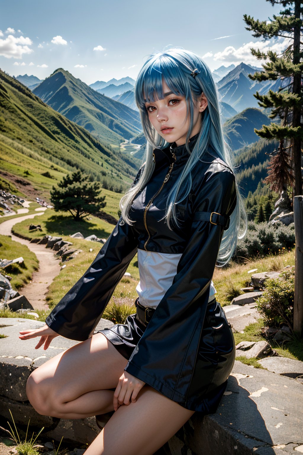 ((ultra detailed, masterpiece, absurdres)) <lora:KOFKulaD:0.9>KOFKulaD, 1girl, long hair, blue hair, red eyes, bangs, mountain trail, midday, clear and crisp light illuminating the landscape