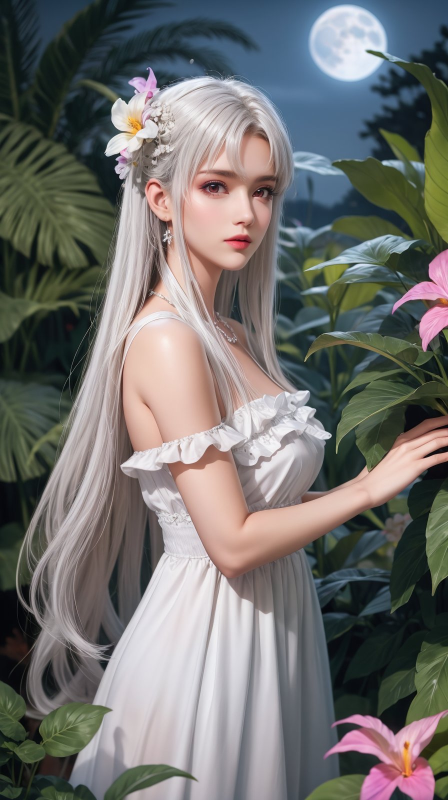 8k,4k,ultrares,highres,(masterpiece, top quality, best quality),extreme detailed,colorful:1.4,highest detailed,ultra-detailed,(highly detailed CG illustration),ultra-fine painting,(Vivid Colors:1.1):1.4,  <lora:水晶质感_CrystalD_v2.0:0.4> <lora:NM_offset:0.6><lora:NM_color_x:0.5> <lora:NM-FC_shou_0p0:0>1girl, solo, looking at viewer (moonlit night)， garden, tropical flowers:1.5cowboy shot, <lora:SD1.5泛光调节_v1.0:0> <lora:NM-FC_xiaoyixian_r_0p1:0.8>