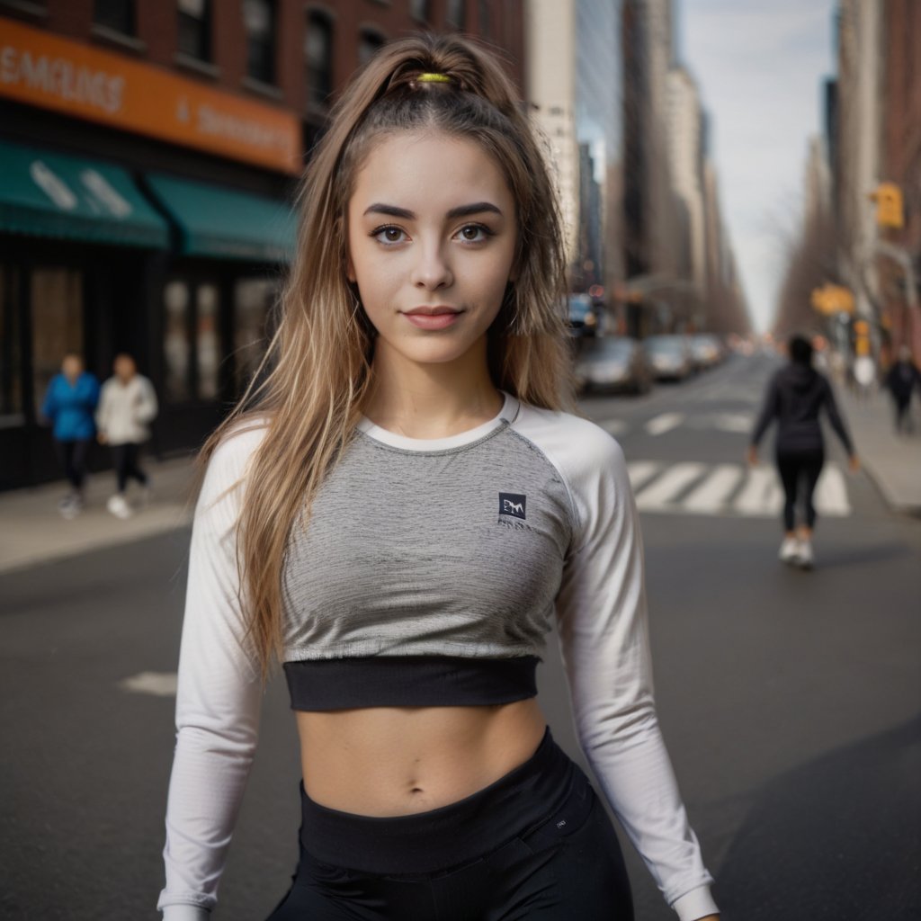 renny the insta girl, 18 years old,portrait, happy,close,Street Photography, Young white woman, wearing hip hop yoga outfit, posing in New York city streets, morning light, full body , taken in 70 mm  <lora:renny2:0.8>