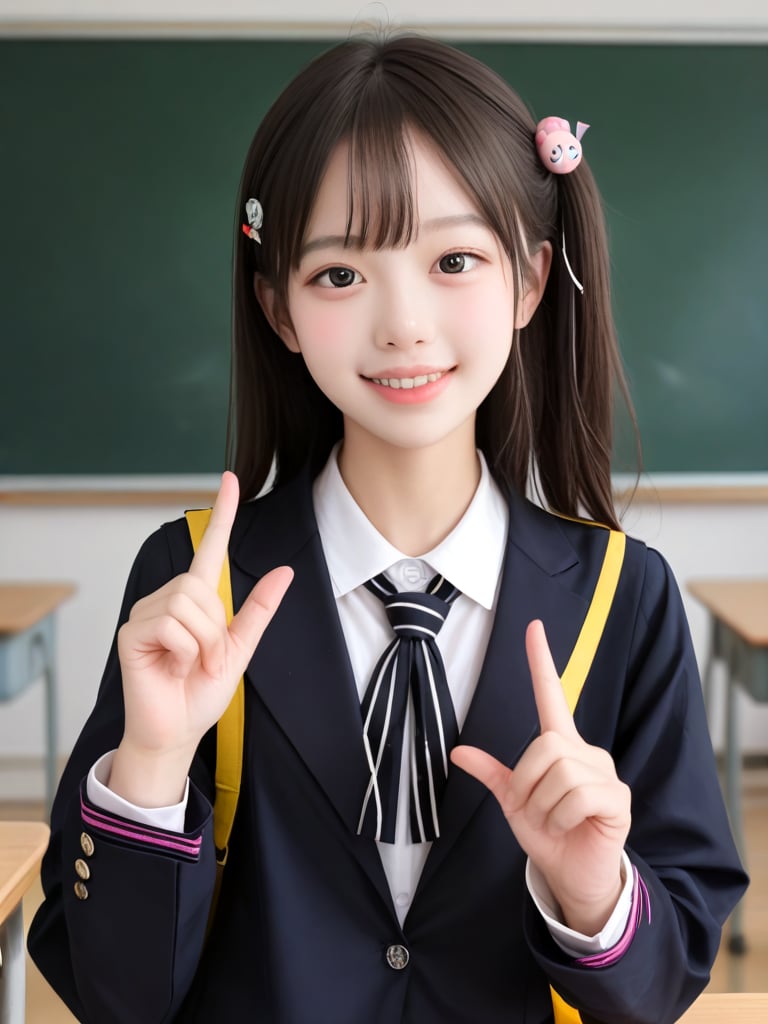 ((score_9, realistic)), ((face focus)), ((fair skin)), ((skinny)), 1girl, one side up, hair ornament, idol, jpop, kpop, belle, pretty, petite, black serafuku, parted lips, light smile, school, classroom, <lora:ADetailerNetidolFace_pony:0.5>,