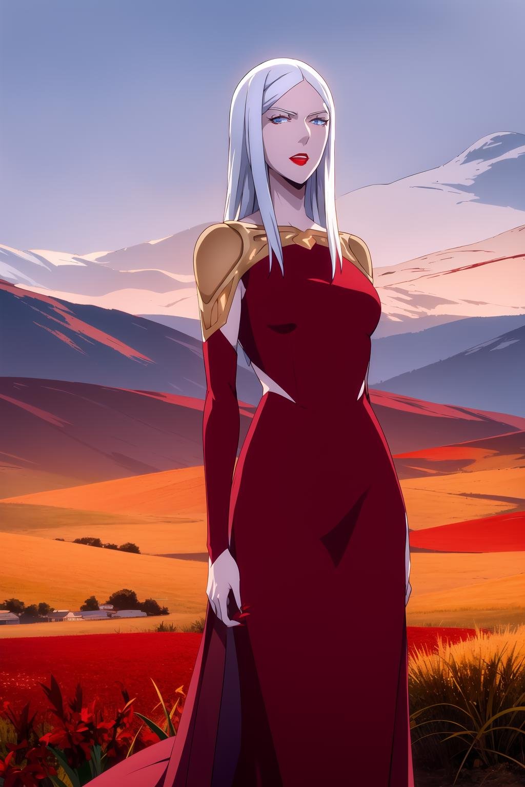 carmilla <lora:carmilla_castlevania:0.9>, full body, red dress, medium breasts, white hair, beautiful face, blue eyes, red lipstick, (masterpiece:1.2), best quality, absurdres, highres, extremely detailed wallpaper, perfect lighting, outdoors, grass, field, night sky, 