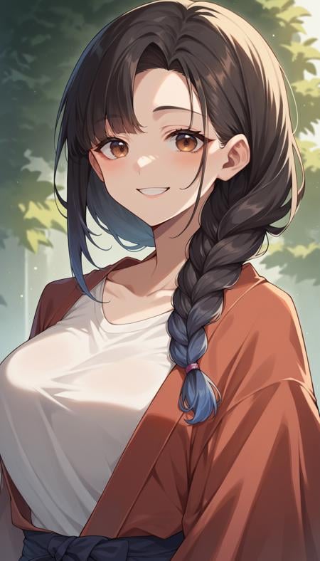 score_9, score_8_up, score_7_up, source_anime, rating_safe, 1girl, upper body, brown eyes, robe, shirt, large breasts, braid, gradient hair, black hair, smile