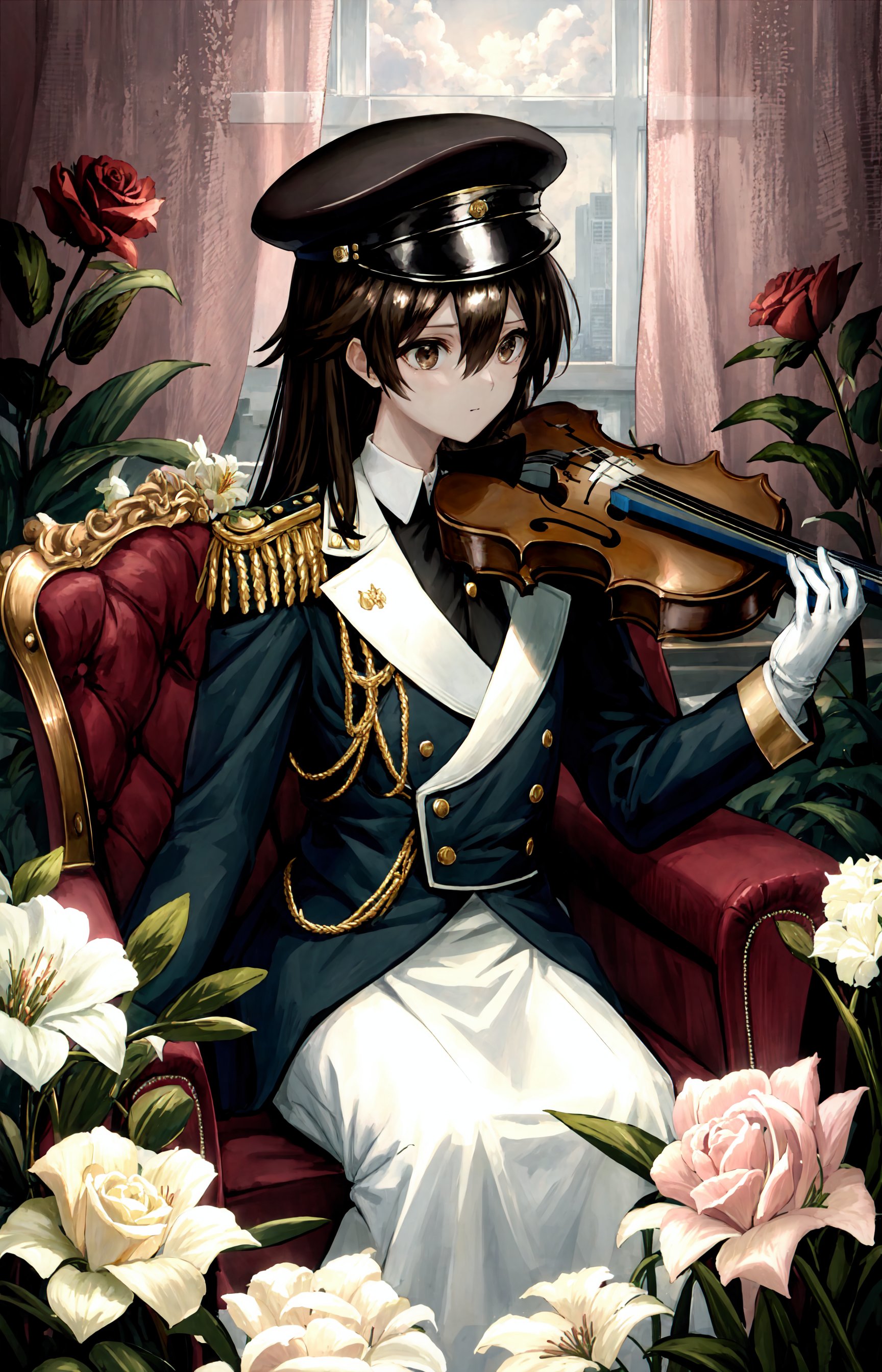 instrument, 1girl, solo, hat, flower, long hair, holding, black hair, violin, white flower, black jacket, jacket, playing instrument, holding instrument, shirt, epaulettes, uniform, military uniform, white shirt, sitting, chair, long sleeves, bangs, black headwear, rose, military, hair between eyes, music, white gloves, brown eyes, aiguillette