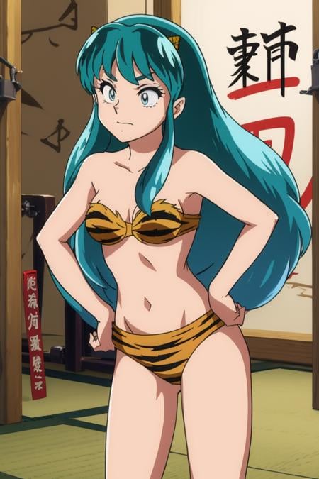 masterpiece, 8k,<lora:Urusei_Yatsura(2008) lum:0.7> lum, oni horns, Standing with hands on hips, Sake Brewery