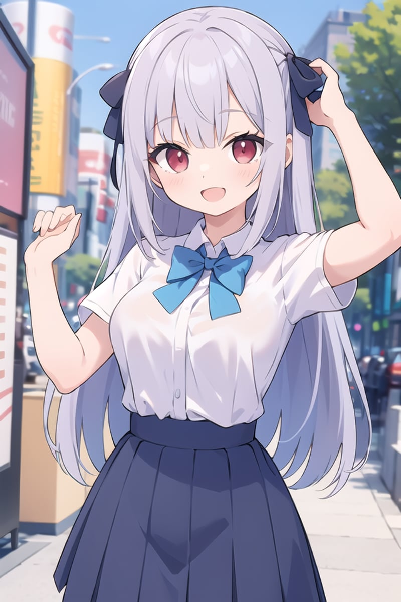 insanely detailed, absurdres, ultra-highres, ultra-detailed, best quality,1girl, solo, nice hands, perfect handsBREAKsummer school uniform with indigo blue bowtie, (short sleeves, dark blue skirt, pleated skirt:1.3), (indigo blue:1.3) bowtie, (white shirt:1.3), shirt with white button, (skirt with many pleats:1.4), plain shirt, plain skirt, (striped bowtie:1.3), shirt_tucked_inBREAKhappy smile, laugh, open mouth, standing,(45 angle:-1.5), (from side:-1.5),cute pose, cowboy shotBREAKslender, kawaii, perfect symmetrical face, ultra cute girl, ultra cute face, ultra detailed eyes, ultra detailed hair, ultra cute, ultra beautifulBREAKin harajuku, shibuya, tokyo, street, crowd, cityscapeBREAKmedium large breasts,(grey hair, red eyes),