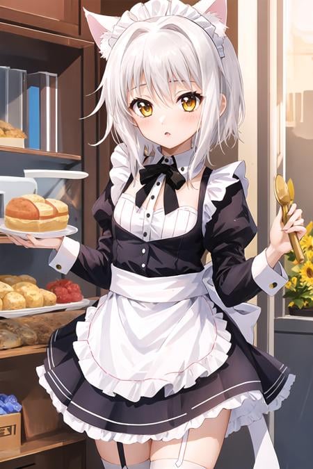 Koneko Toujou (DXD), 1girl, cat ears, white hair, short hair, maid, maid apron, maid headdress, standing, looking at viewer, (masterpiece), high quality,