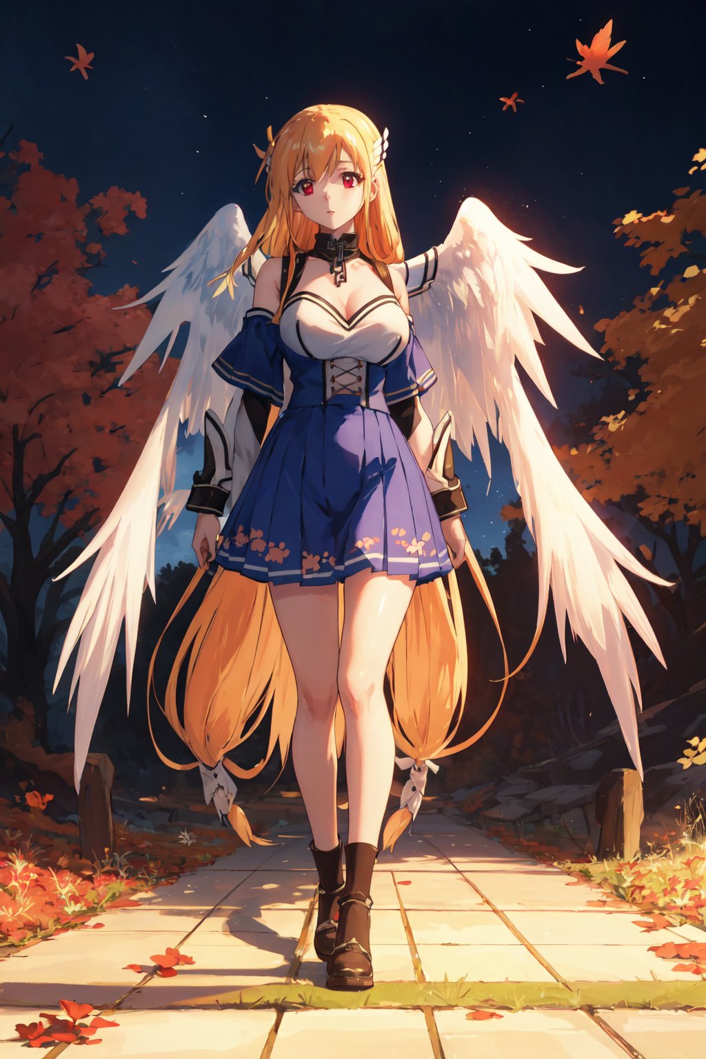 <lora:Astraea-000009:0.8>,Astraea CYQL,1girl,looking at viewer,solo,blonde hair,long hair,very long hair,low-tied long hair,red eyes,collar,chain,breasts,wings,angel wings,head wings,Floral print spaghetti strap sundress with a flared skirt,expressionless,full_shot,In the golden season of autumn, maple leaves blaze like flames, covering the hillsides in hues of red and yellow. Fallen leaves pave paths of brilliance,beautiful detailed sky,beautiful detailed glow,posing in front of a colorful and dynamic background,masterpiece,best quality,beautiful and aesthetic,contrapposto,female focus,wallpaper,