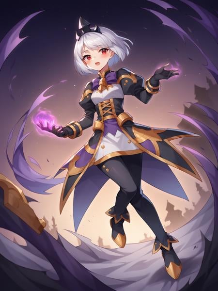 score_9, score_8_up, score_7_up, BREAK, source_anime,1girl, solo, <lora:OrpheaPonyXLP:0.8>, Orphea, tiara, white hair, short hair, red eyes, gown, puffy sleeves, leggings, black gloves, purple bow, golden boots  night, darkness all around, black magic in hands ,