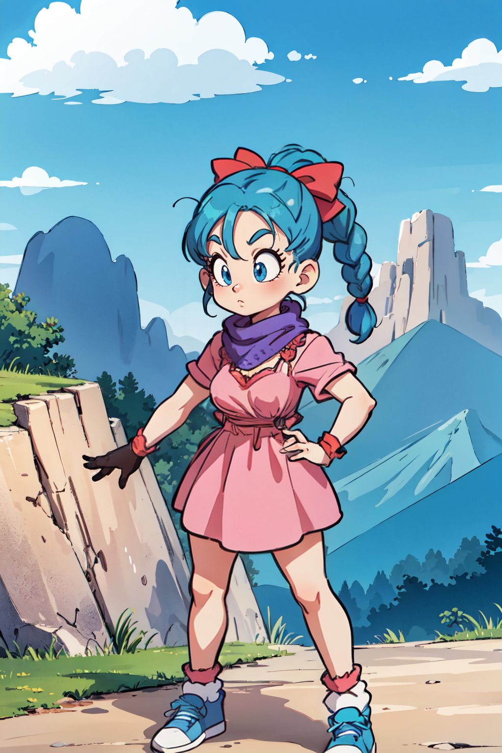 <lora:retrobulma:0.9> retrobulma 1girl,solo,long,gloves,pink dress,red ribbon,blue hair,cowboy shot,single braid,braided ponytail,shoes,socks, loose socks,purple scarf,black belt,scarf,wristband,single glove,landscape, sky, cloud rock,mountain,