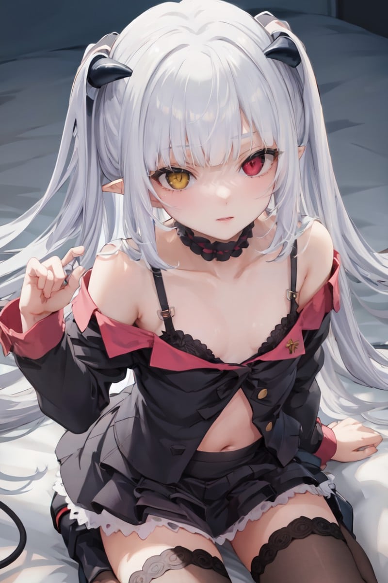 masterpiece, best quality, ultra-detailed, glistening shiny, glowing light, ray tracing, HDR, deph of field, (perfect face, detailed face),   <lora:ChloeLilithStella:0.8> chloelilith,  flat chest, heterochromia, two side up, demon girl, demon horns, pointy ears,   <lora:sweetdevil:0.8>, long sleeves, off shoulder, bra, layered skirt, black thighhighs, navel, boots