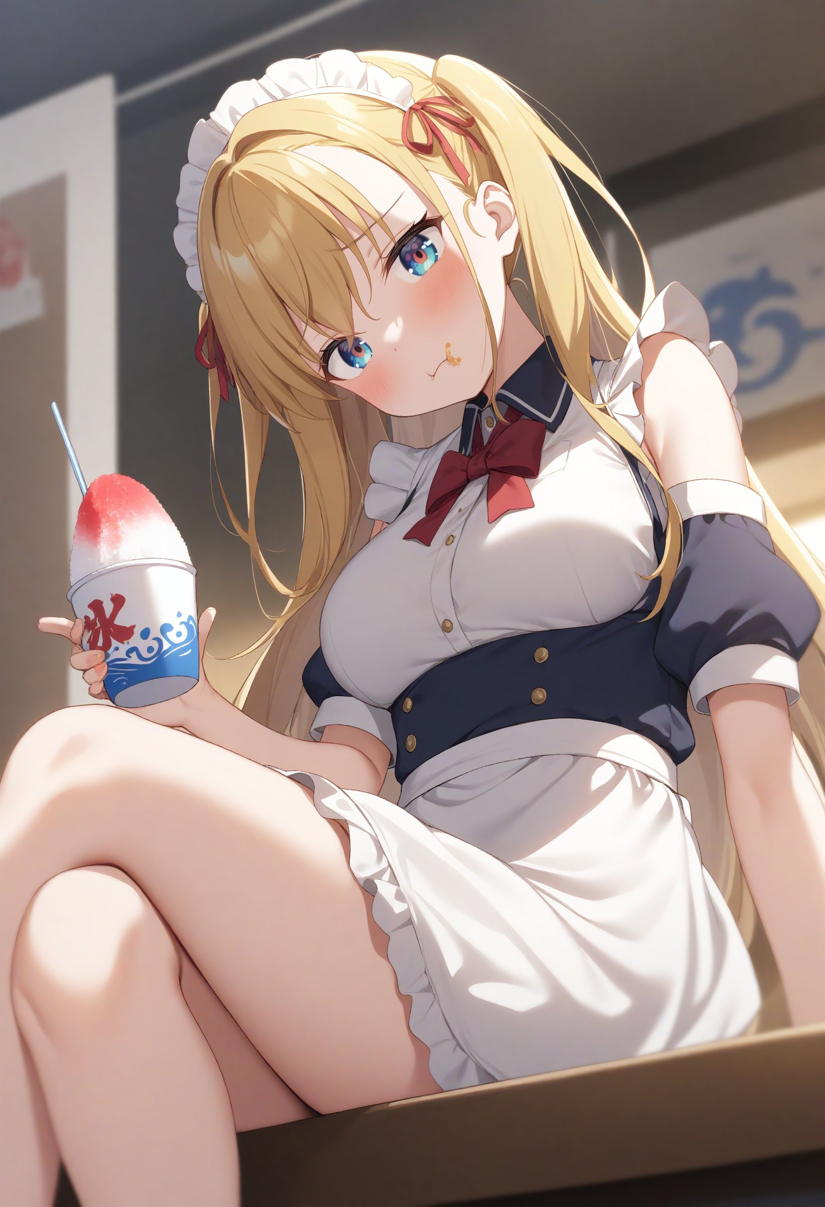 1girl,sincos, ningen mame, toosaka asagi,solo,large breasts,20yo,maid,maid headdress,shaved ice,<lora:shavedice_XL_v1:0.8>holding drinking straw, spoon straw, eating,ceiling, feet out of frame, looking at viewer, blonde hair, brown eyes,embarrassed, government district, closed mouth, french hair,,best quality, very aesthetic, absurdres