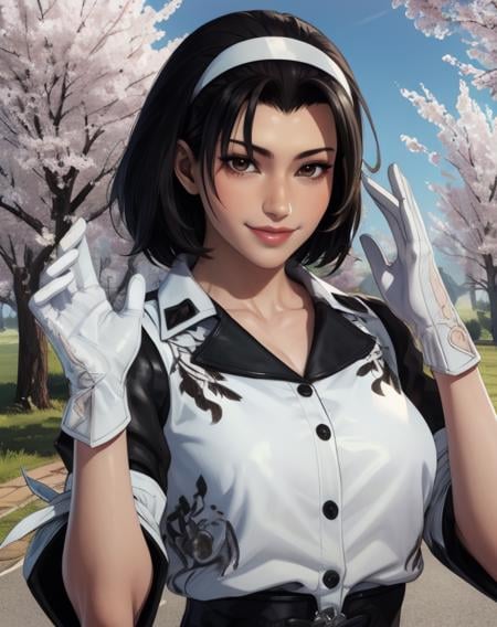 junkazama,black hair,medium hair,brown eyes,hairband,white top,white gloves,standing,upper body,smile,outdoors,morning,spring,(insanely detailed, masterpiece, best quality),solo,<lora:JunKazamaT8:0.8>,