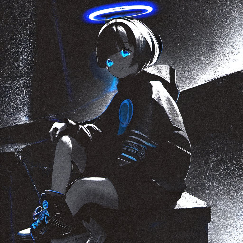 <lora:loneliness_xl_v2:0.8>,a girl sitting on a ledge with a halo above her head and a blue ring around her neck, in front of a dark background, 1girl, solo, looking_at_viewer, smile, short_hair, bangs, blue_eyes, sitting, monochrome, shoes, virtual_youtuber, hood, from_side, hoodie, halo, hood_down, spot_color, blinds